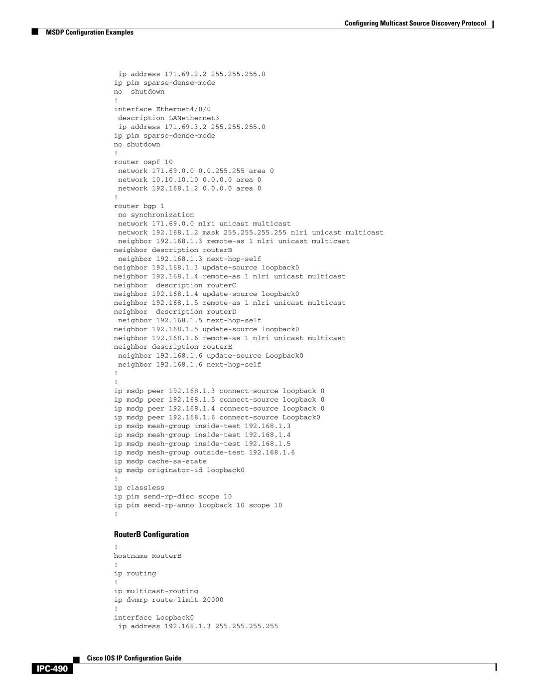 Cisco Systems 78-11741-02 manual RouterB Configuration, IPC-490, No shutdown Router ospf 