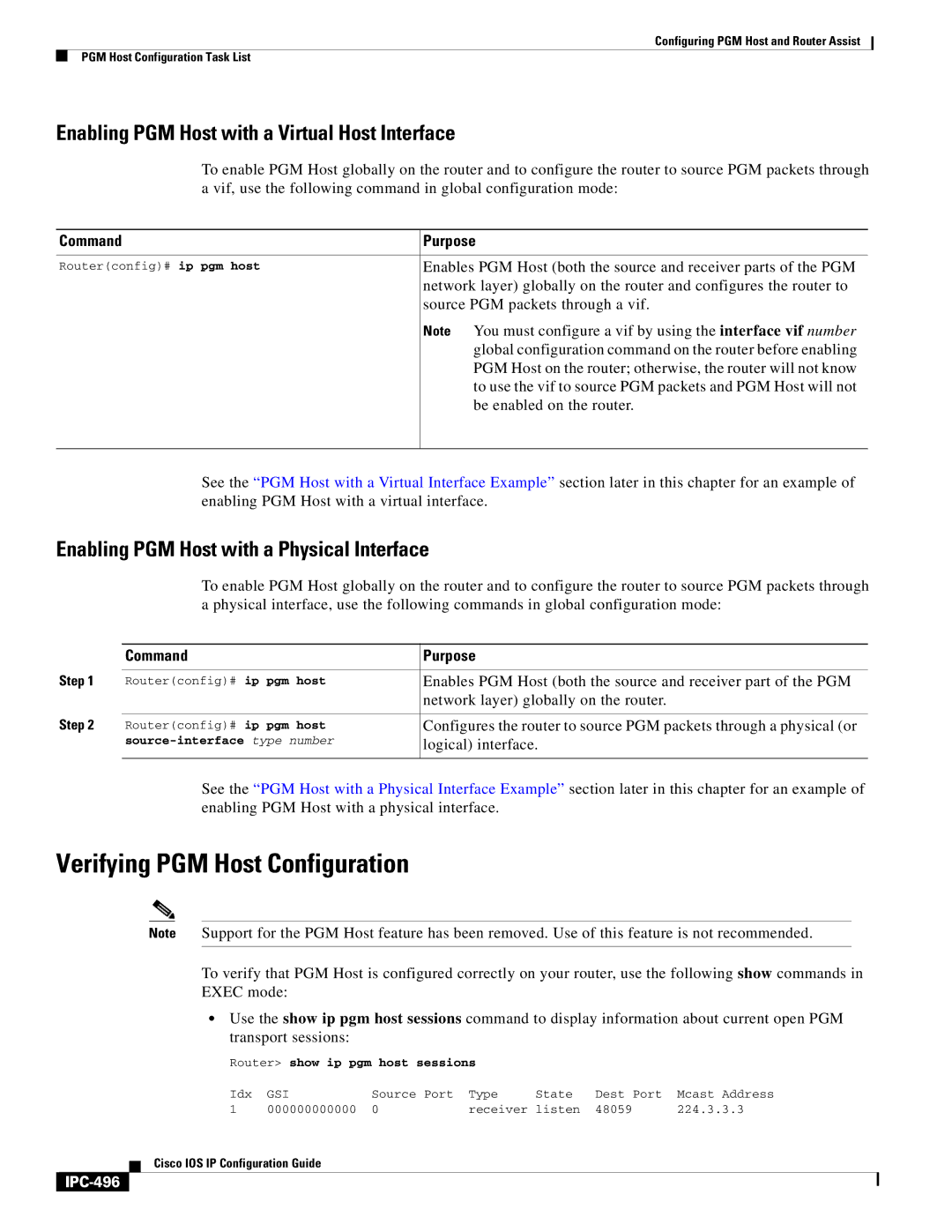 Cisco Systems 78-11741-02 manual Verifying PGM Host Configuration, Enabling PGM Host with a Virtual Host Interface, IPC-496 