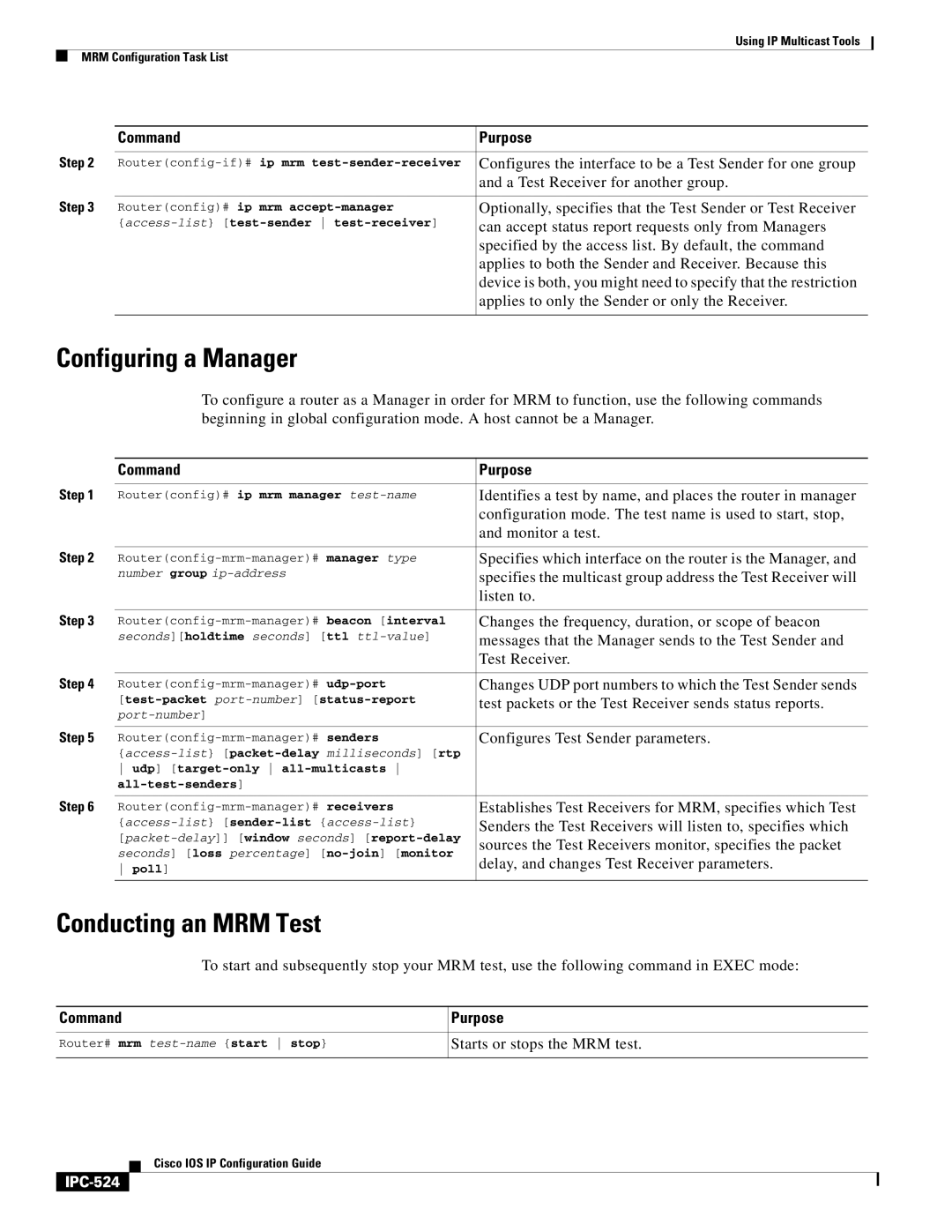 Cisco Systems 78-11741-02 manual Configuring a Manager, Conducting an MRM Test, IPC-524 