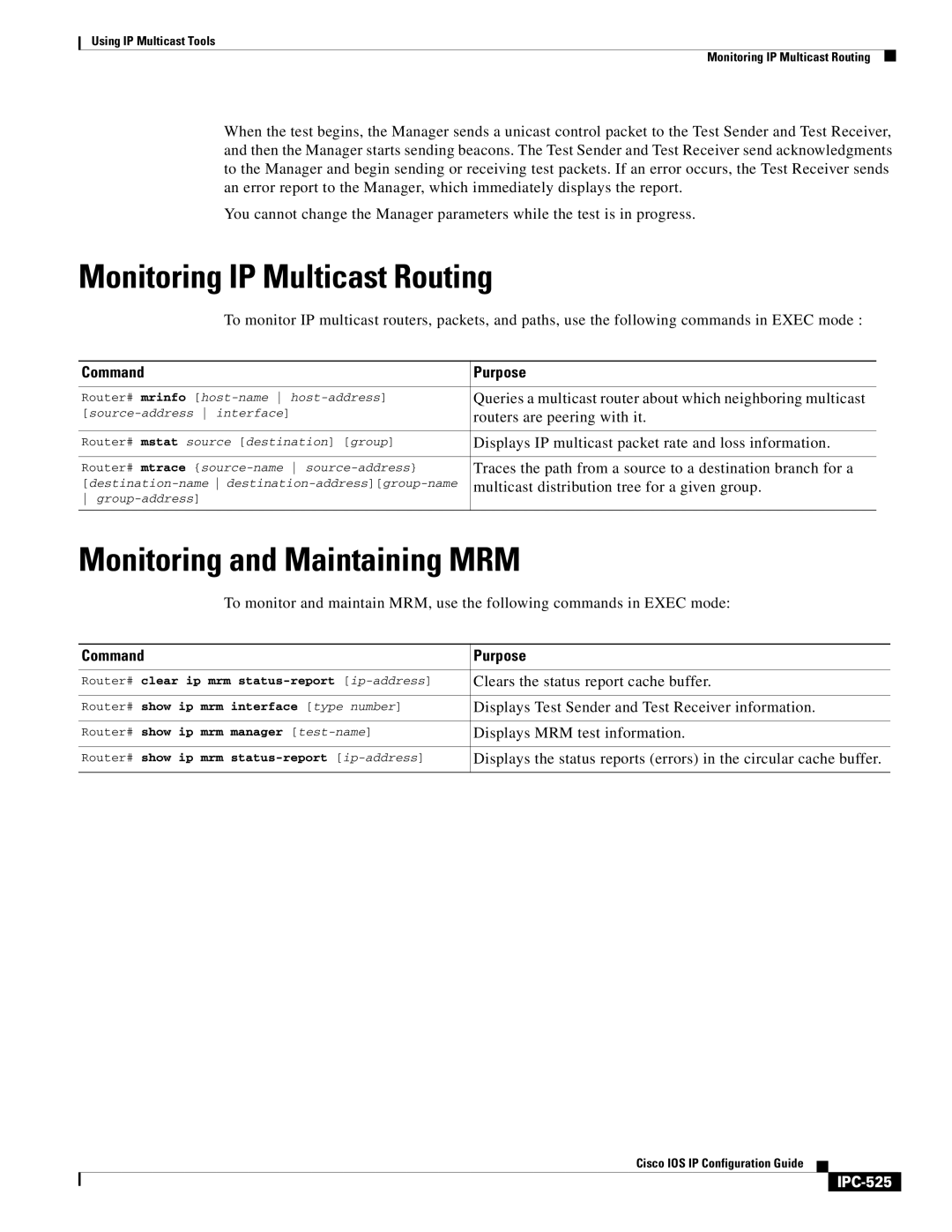 Cisco Systems 78-11741-02 manual Monitoring IP Multicast Routing, Monitoring and Maintaining MRM, IPC-525 