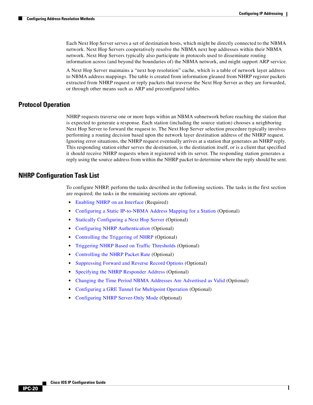 Cisco Systems 78-11741-02 manual Protocol Operation, Nhrp Configuration Task List, IPC-20 
