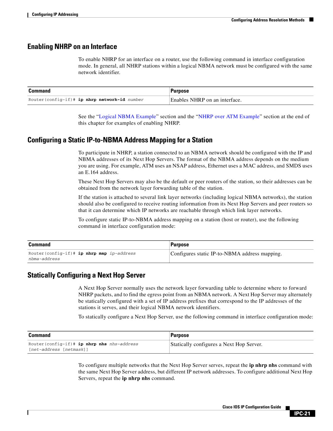 Cisco Systems 78-11741-02 manual Enabling Nhrp on an Interface, Statically Configuring a Next Hop Server, IPC-21 