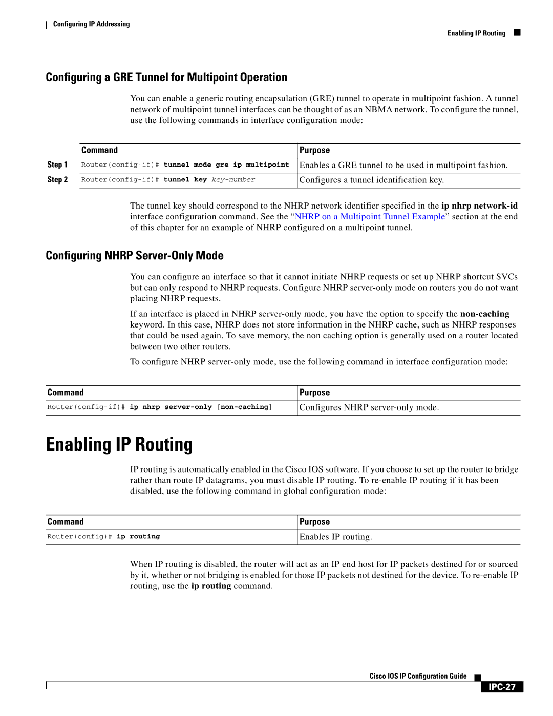 Cisco Systems 78-11741-02 manual Enabling IP Routing, Configuring a GRE Tunnel for Multipoint Operation, IPC-27 