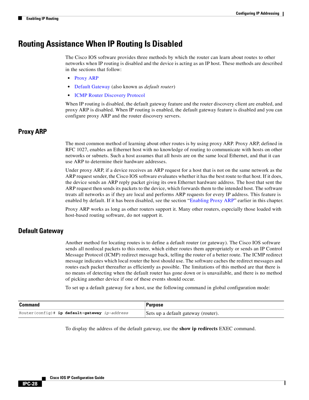 Cisco Systems 78-11741-02 manual Routing Assistance When IP Routing Is Disabled, Proxy ARP, Default Gateway, IPC-28 