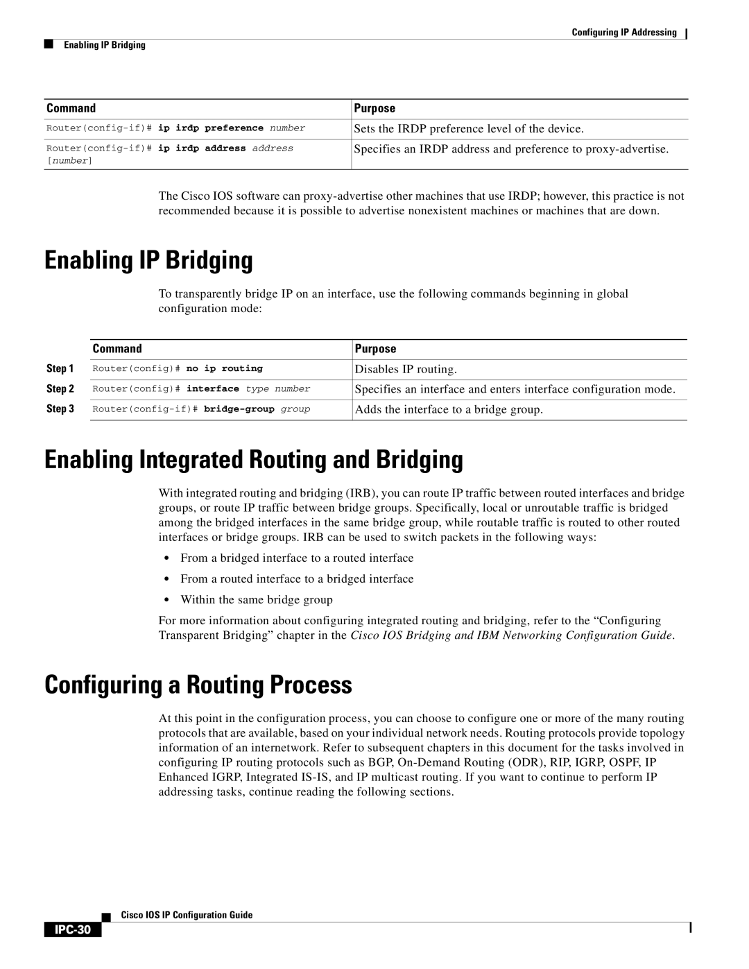 Cisco Systems 78-11741-02 Enabling IP Bridging, Enabling Integrated Routing and Bridging, Configuring a Routing Process 