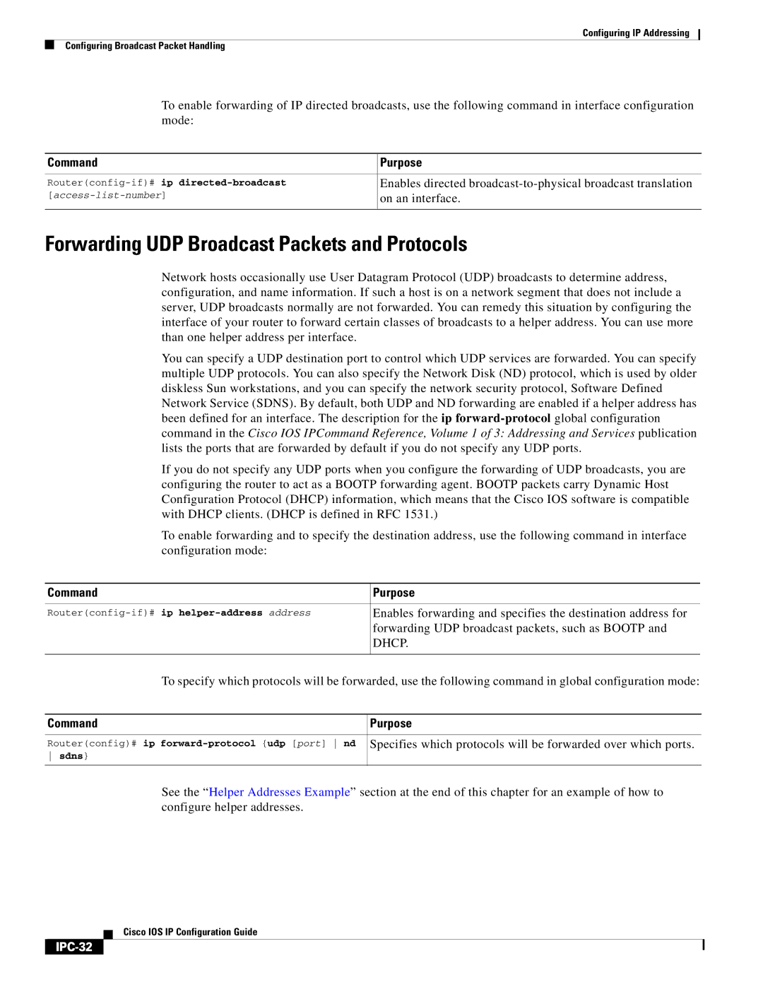 Cisco Systems 78-11741-02 manual Forwarding UDP Broadcast Packets and Protocols, On an interface, IPC-32 