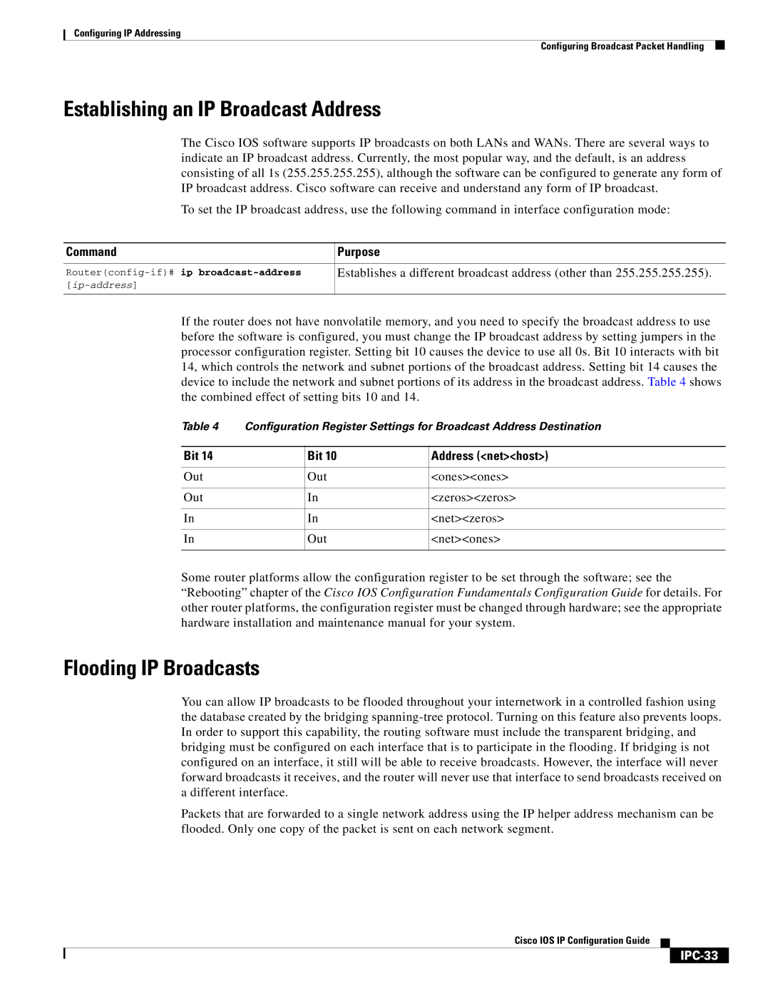 Cisco Systems 78-11741-02 manual Establishing an IP Broadcast Address, Flooding IP Broadcasts, Bit Address nethost, IPC-33 