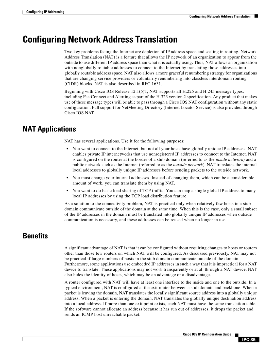 Cisco Systems 78-11741-02 manual Configuring Network Address Translation, NAT Applications, Benefits, IPC-35 