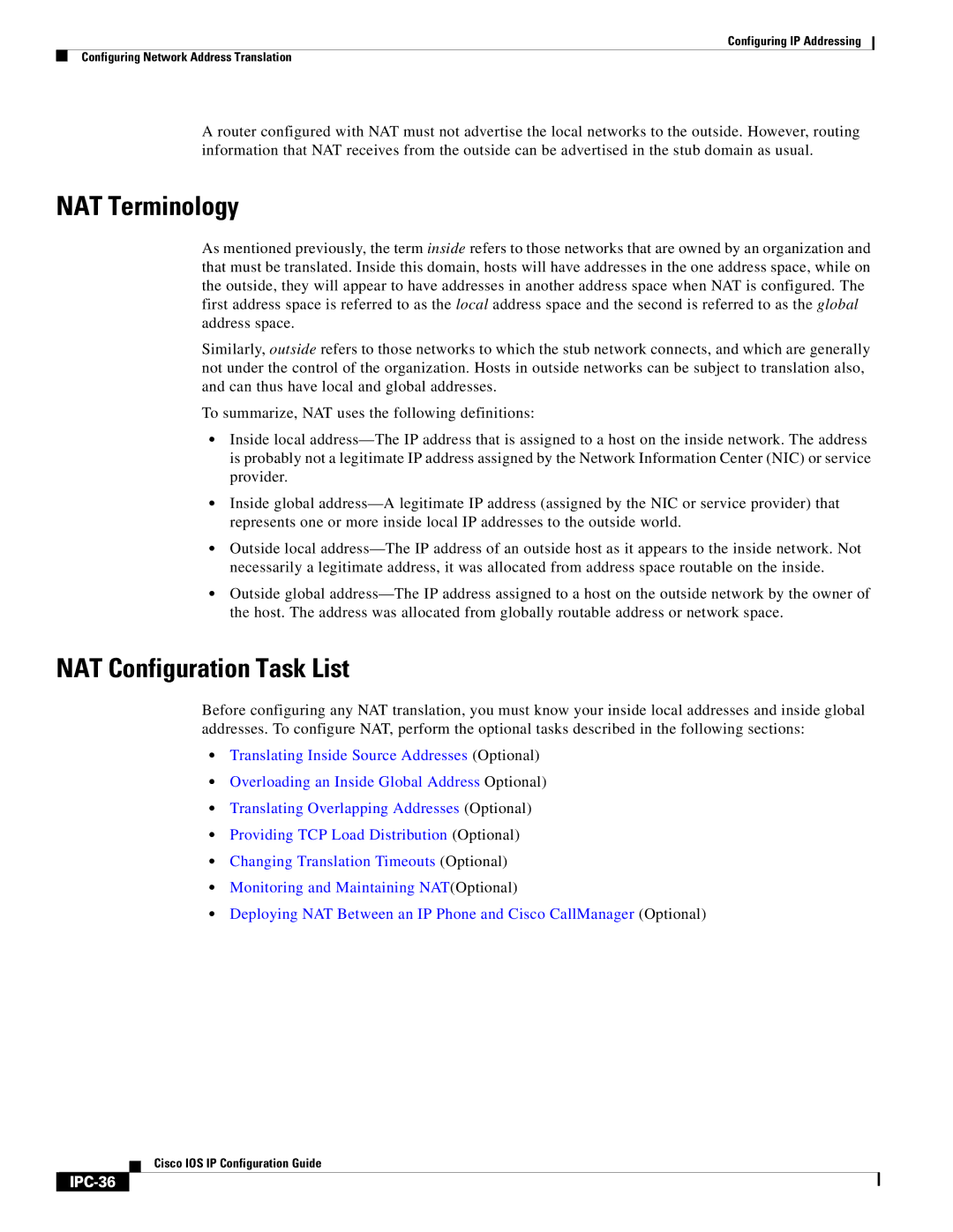 Cisco Systems 78-11741-02 manual NAT Terminology, NAT Configuration Task List, IPC-36 