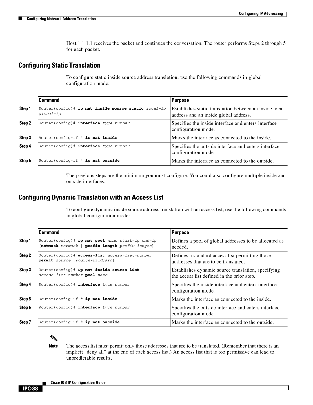 Cisco Systems 78-11741-02 Configuring Static Translation, Configuring Dynamic Translation with an Access List, IPC-38 