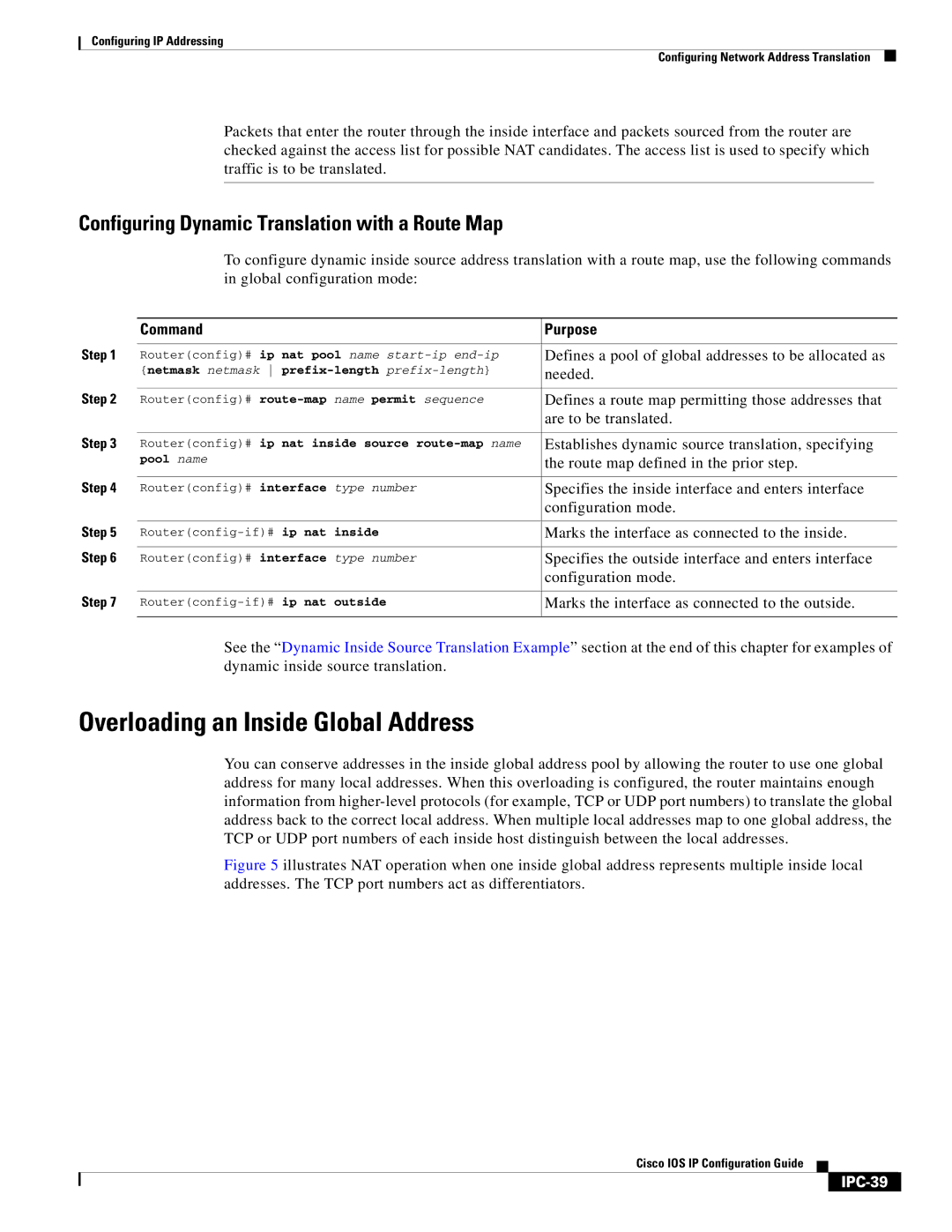 Cisco Systems 78-11741-02 Overloading an Inside Global Address, Configuring Dynamic Translation with a Route Map, IPC-39 