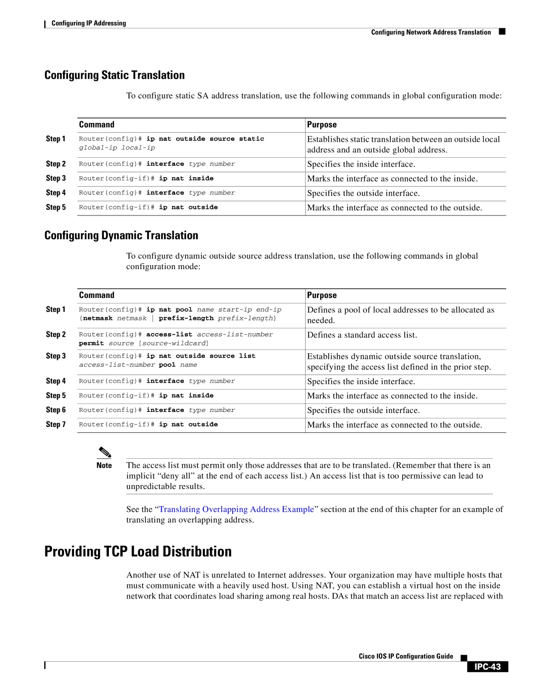 Cisco Systems 78-11741-02 manual Providing TCP Load Distribution, Configuring Dynamic Translation, IPC-43 