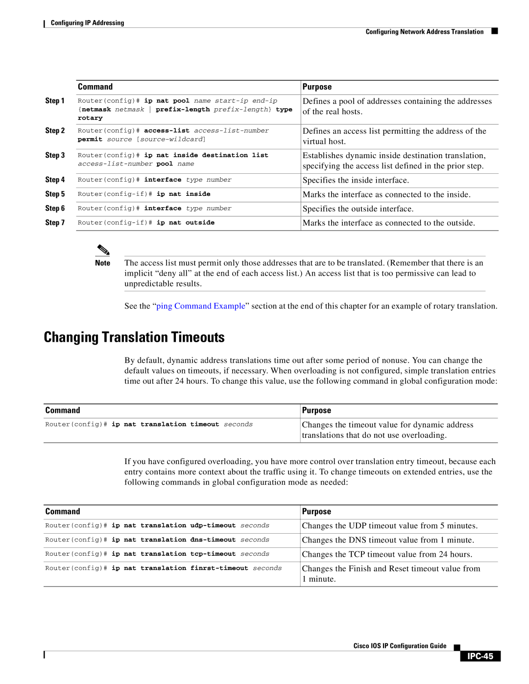 Cisco Systems 78-11741-02 manual Changing Translation Timeouts, Changes the timeout value for dynamic address, IPC-45 