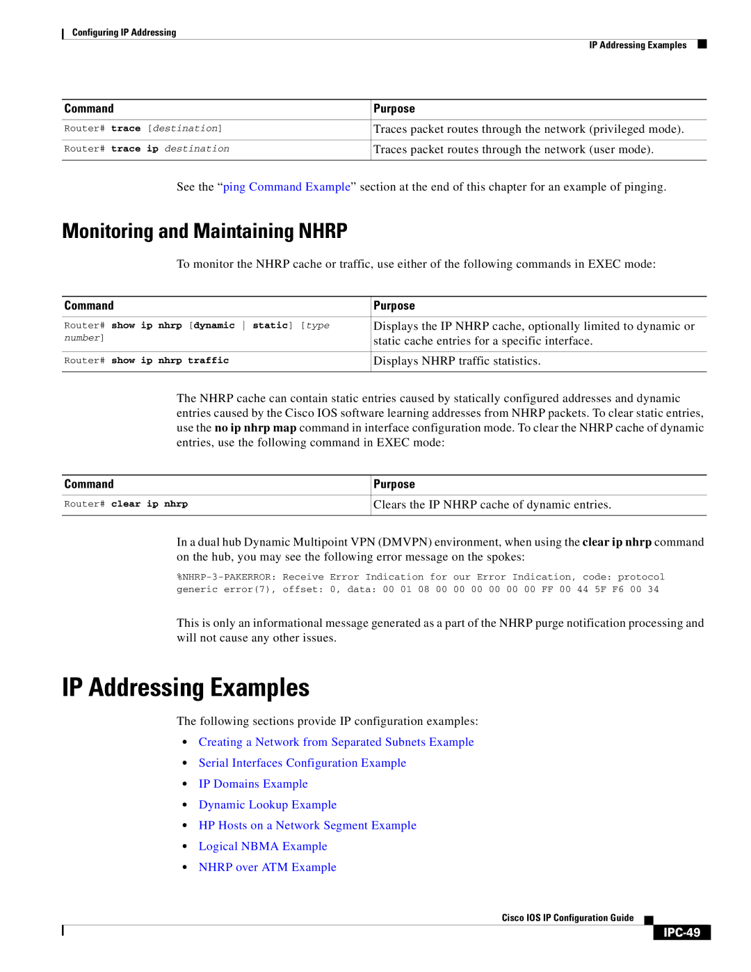 Cisco Systems 78-11741-02 manual IP Addressing Examples, Monitoring and Maintaining Nhrp, IPC-49 