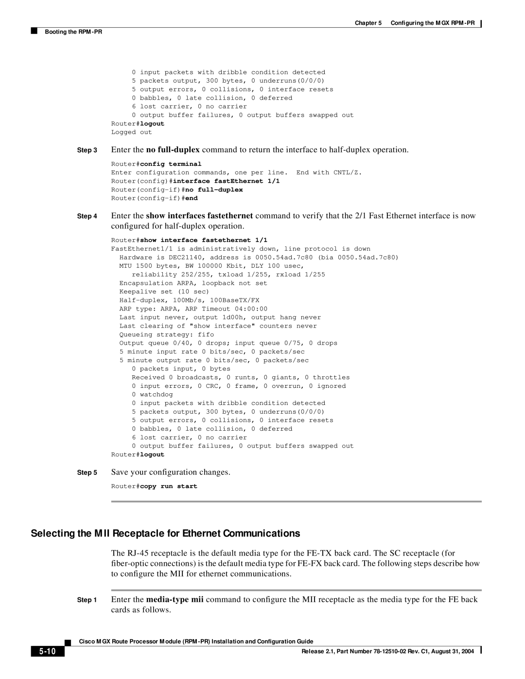 Cisco Systems 78-12510-02 manual Selecting the MII Receptacle for Ethernet Communications, Save your configuration changes 