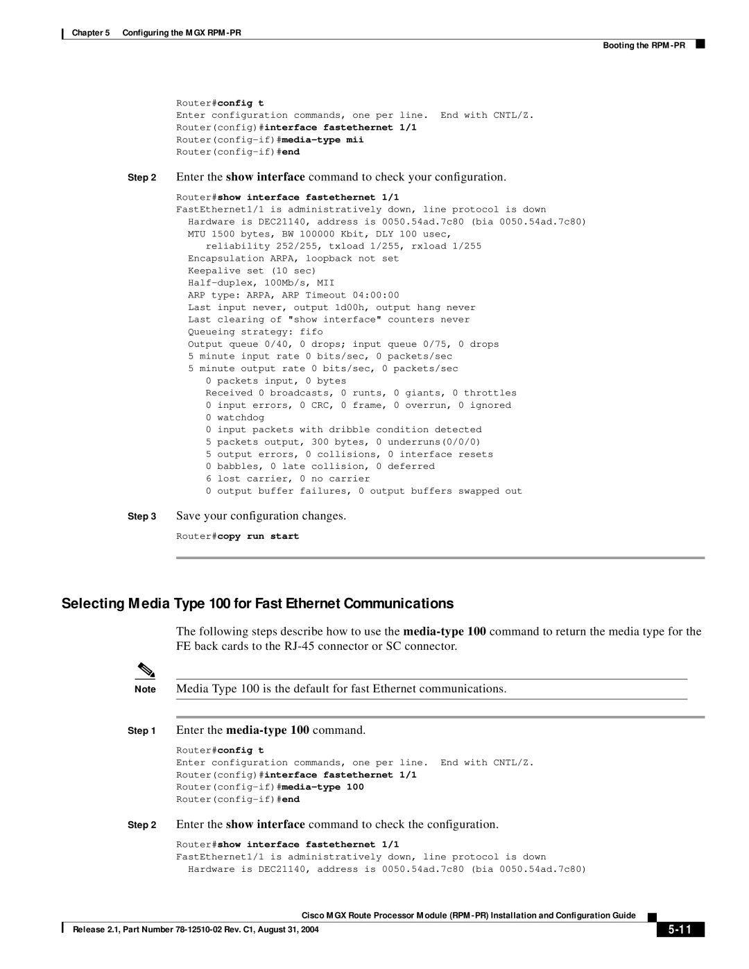 Cisco Systems 78-12510-02 manual Selecting Media Type 100 for Fast Ethernet Communications 