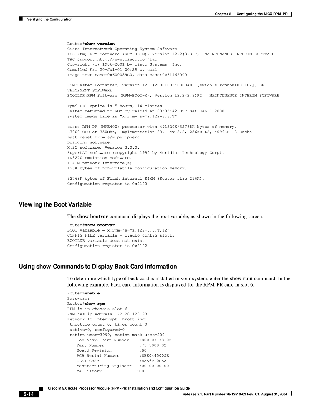 Cisco Systems 78-12510-02 manual Viewing the Boot Variable, Using show Commands to Display Back Card Information 