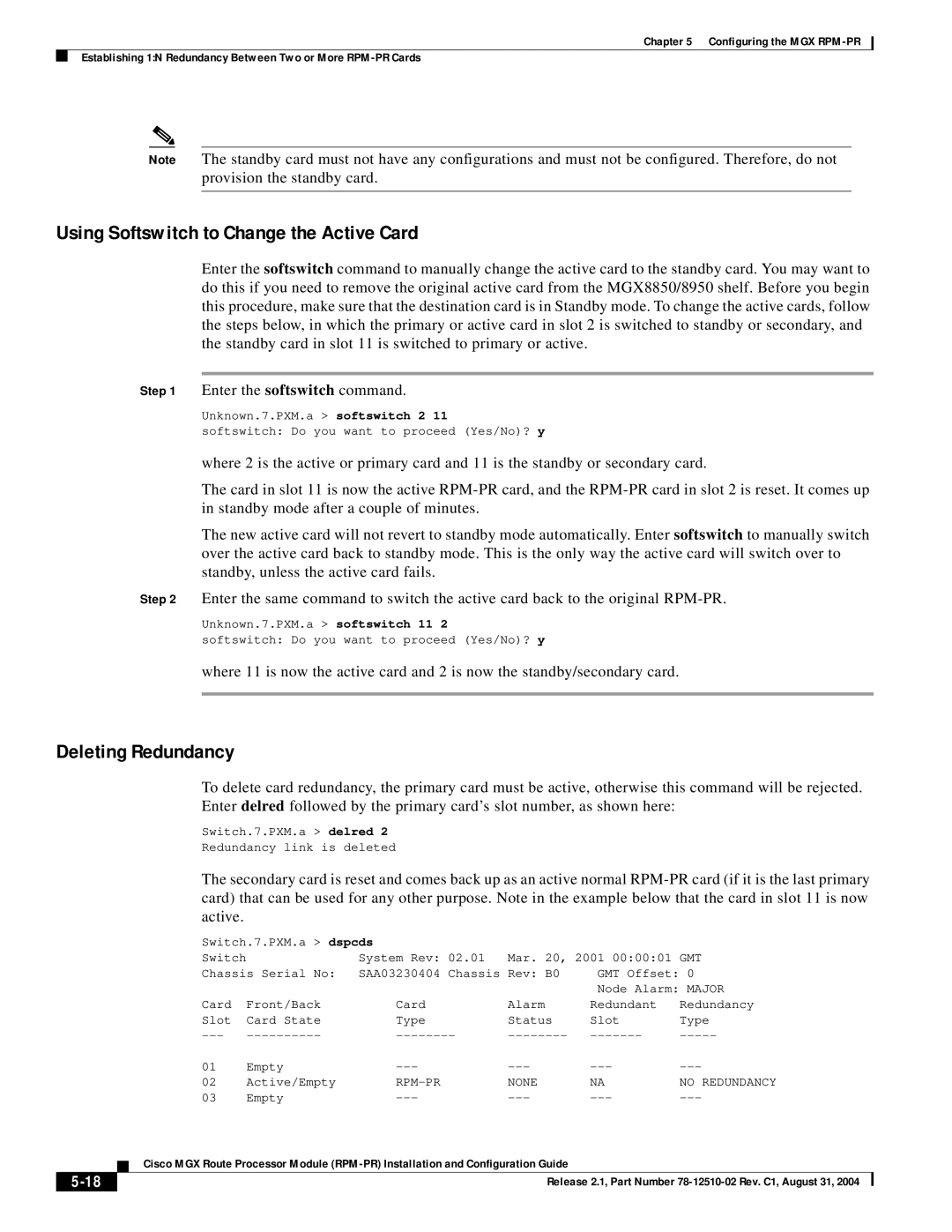 Cisco Systems 78-12510-02 manual Using Softswitch to Change the Active Card, Deleting Redundancy 