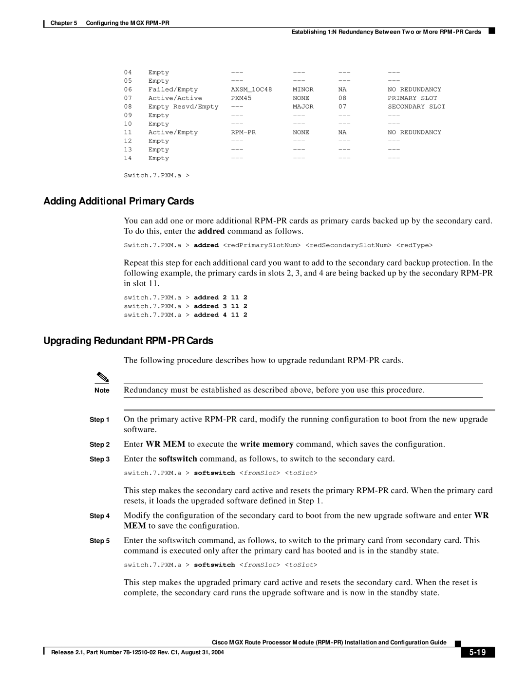 Cisco Systems 78-12510-02 manual Adding Additional Primary Cards, Upgrading Redundant RPM-PR Cards 