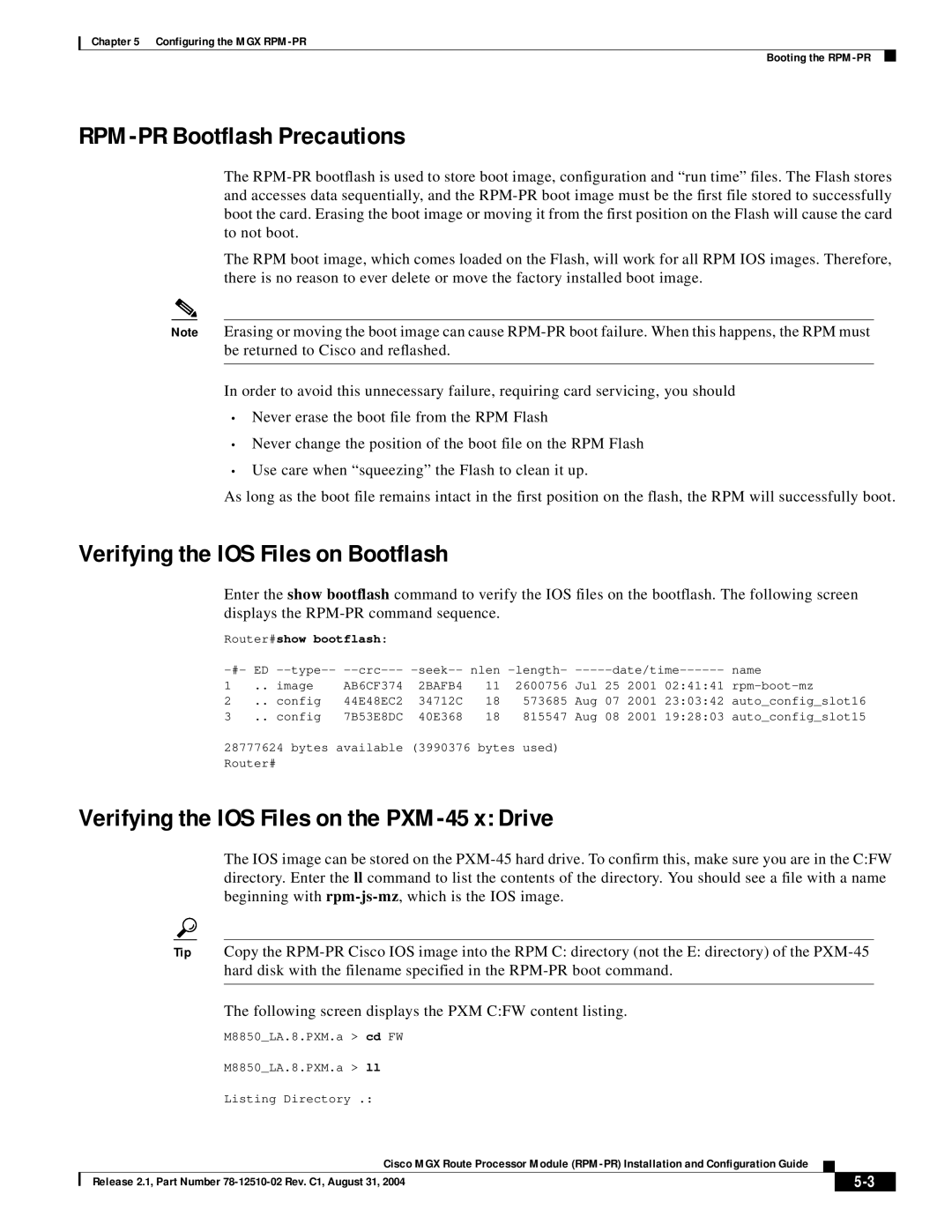 Cisco Systems 78-12510-02 manual RPM-PR Bootflash Precautions, Verifying the IOS Files on Bootflash, Router#show bootflash 