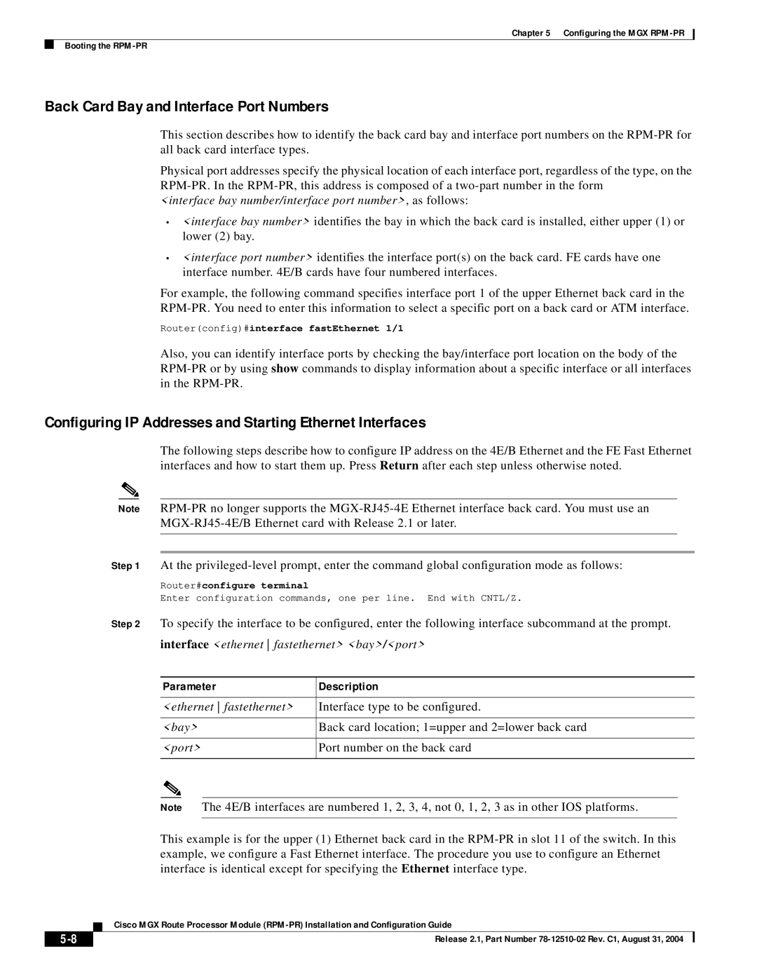 Cisco Systems 78-12510-02 manual Back Card Bay and Interface Port Numbers, Routerconfig#interface fastEthernet 1/1 