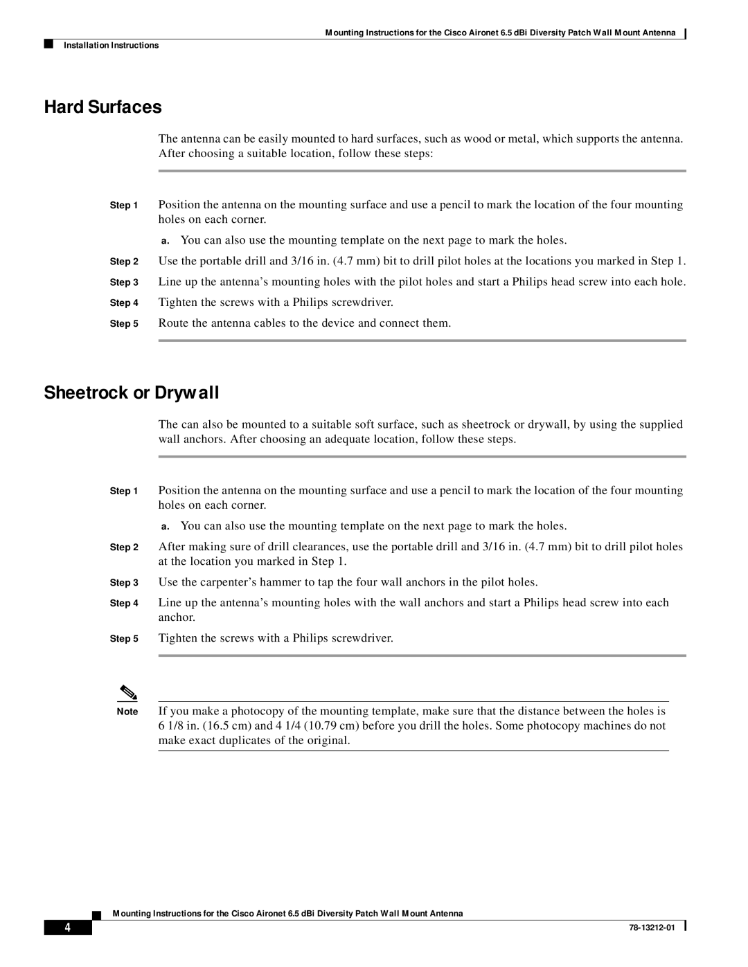 Cisco Systems 78-13212-01 installation instructions Hard Surfaces, Sheetrock or Drywall 