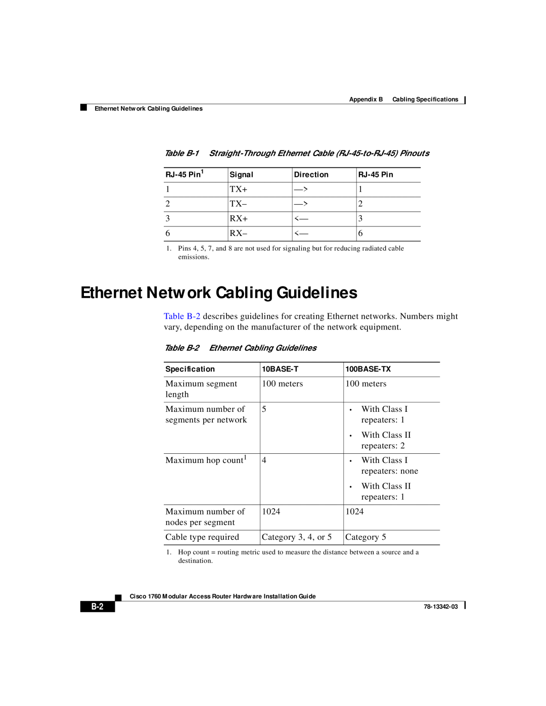 Cisco Systems 78-13342-03 Ethernet Network Cabling Guidelines, RJ-45 Pin, Signal, Direction, Specification, 10BASE-T 