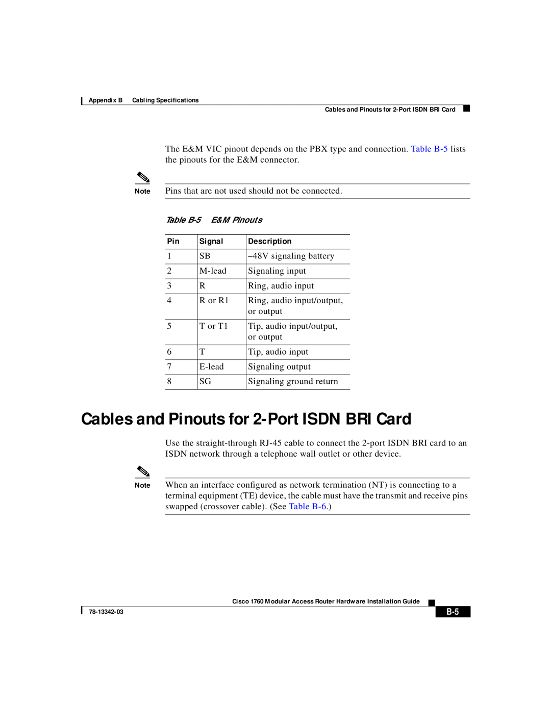 Cisco Systems 78-13342-03 appendix Cables and Pinouts for 2-Port ISDN BRI Card, Description, Signal 