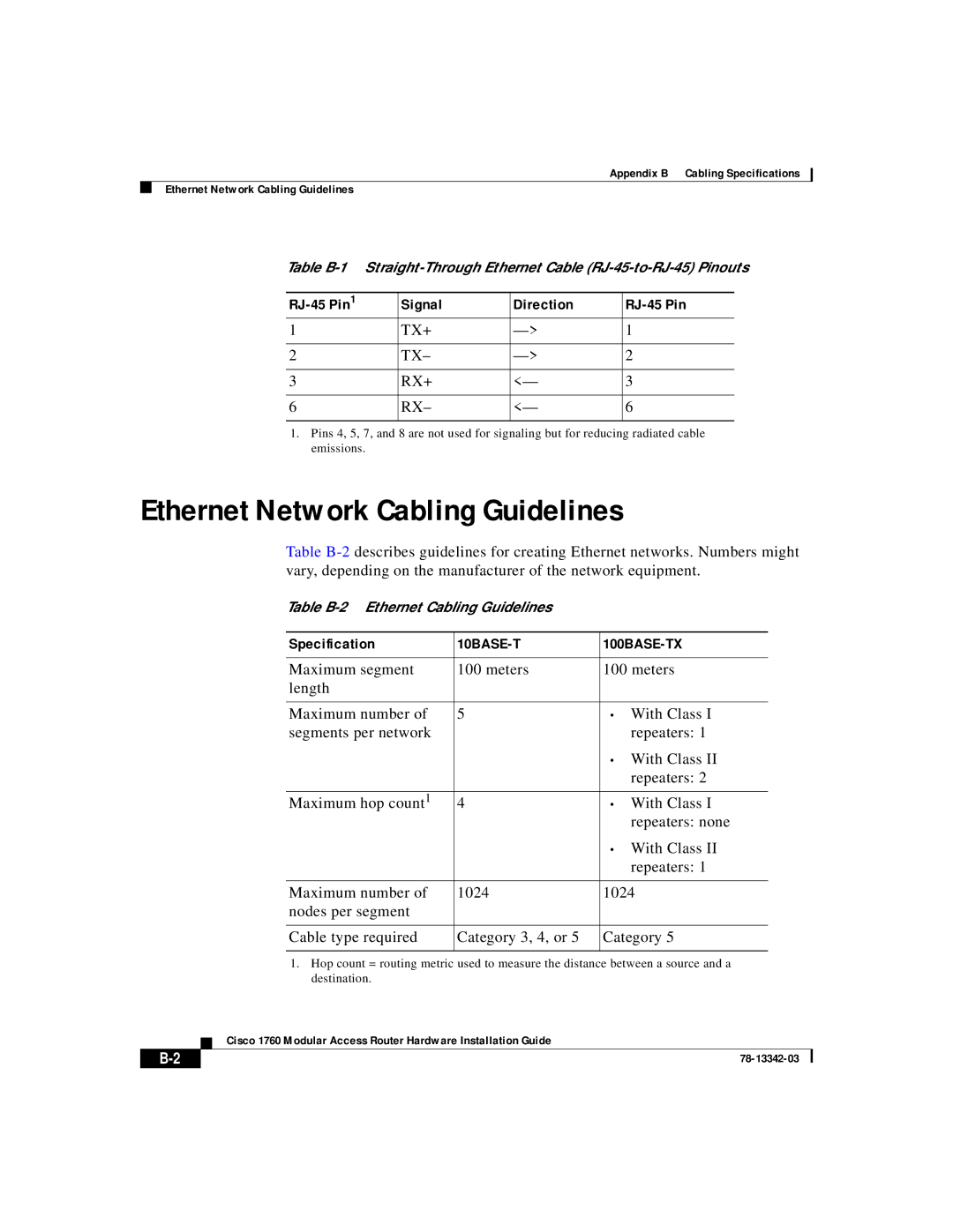 Cisco Systems 78-13342-03 appendix Ethernet Network Cabling Guidelines, RJ-45 Pin Signal Direction, Specification 