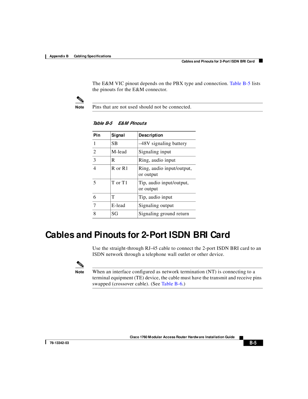 Cisco Systems 78-13342-03 appendix Cables and Pinouts for 2-Port Isdn BRI Card, Pin Signal Description 