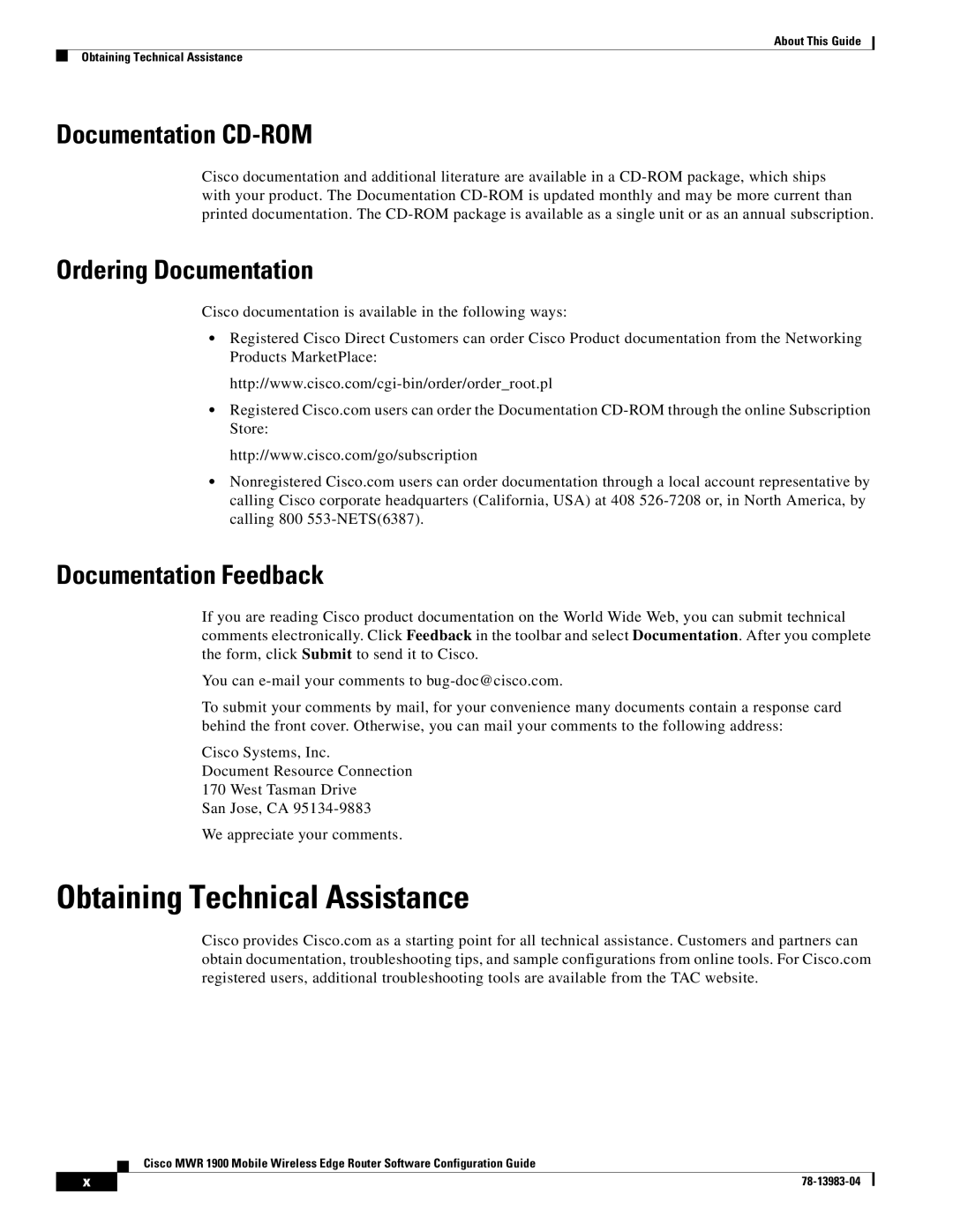 Cisco Systems 78-13983-04 manual Obtaining Technical Assistance, Documentation CD-ROM, Ordering Documentation 