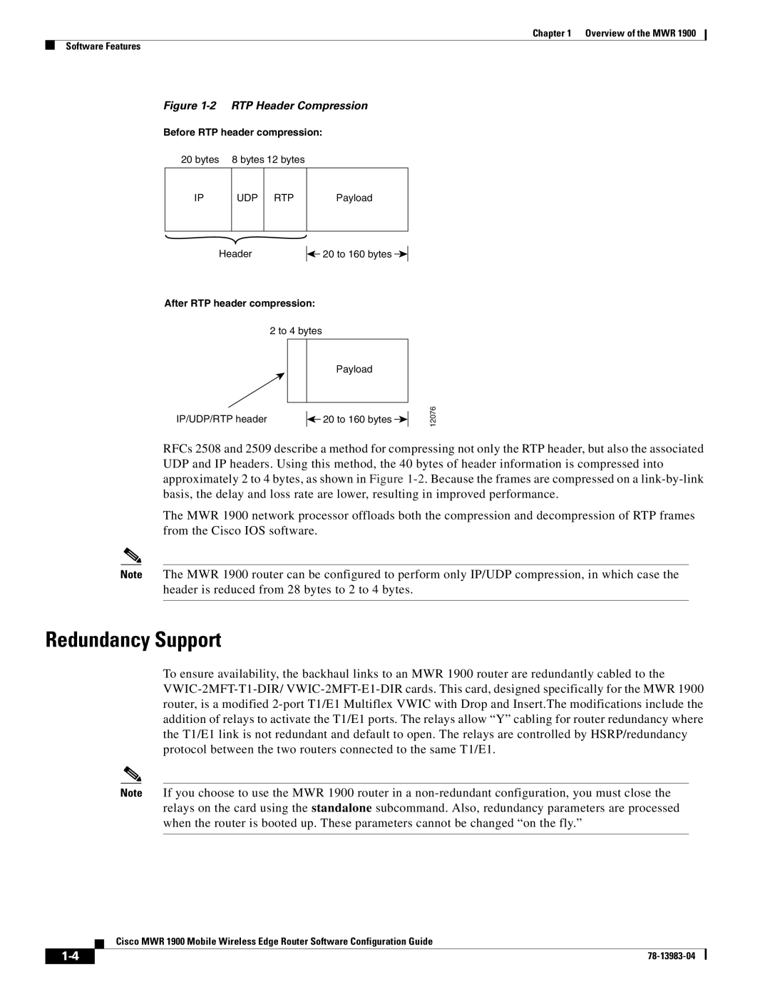 Cisco Systems 78-13983-04 manual Redundancy Support, RTP Header Compression 