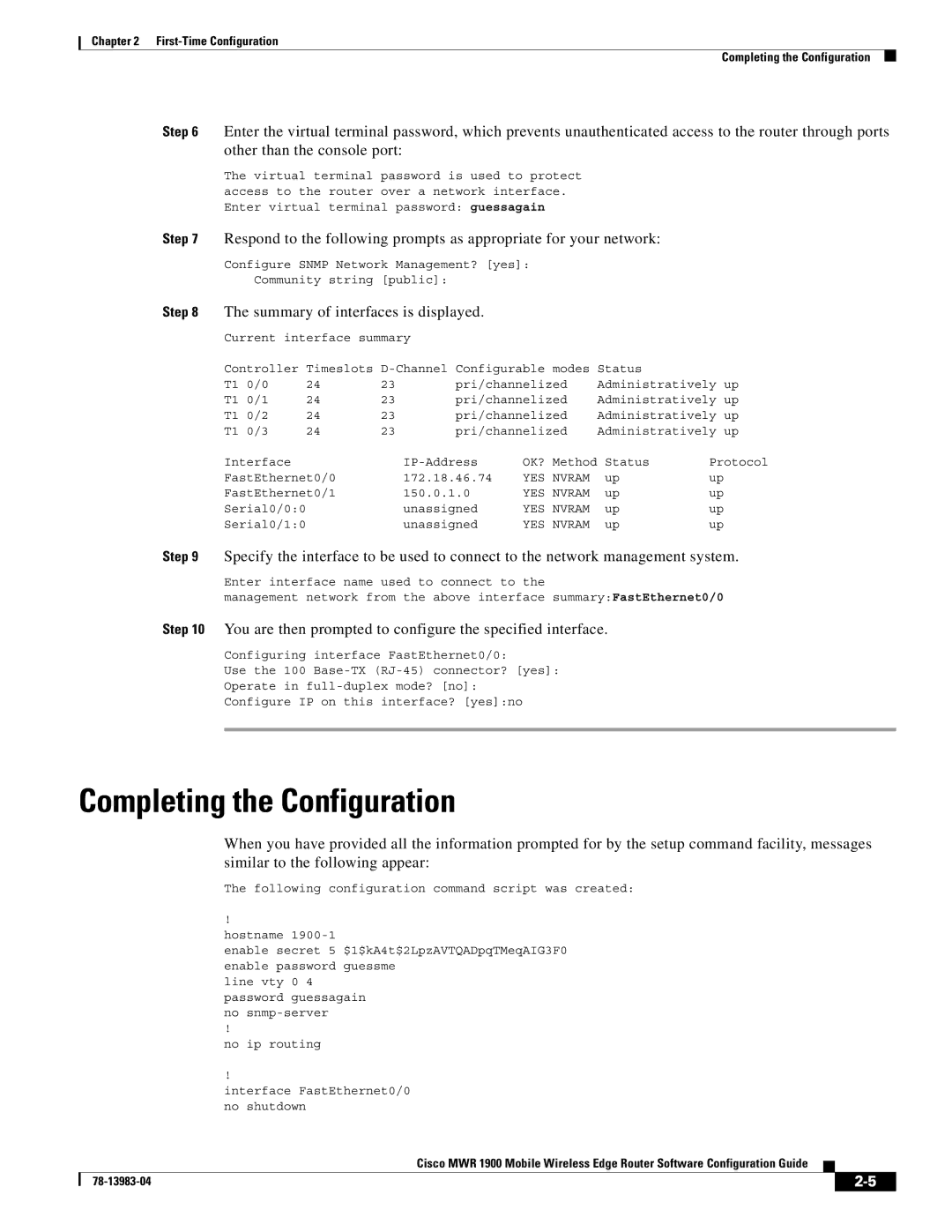 Cisco Systems 78-13983-04 manual Completing the Configuration, Summary of interfaces is displayed 