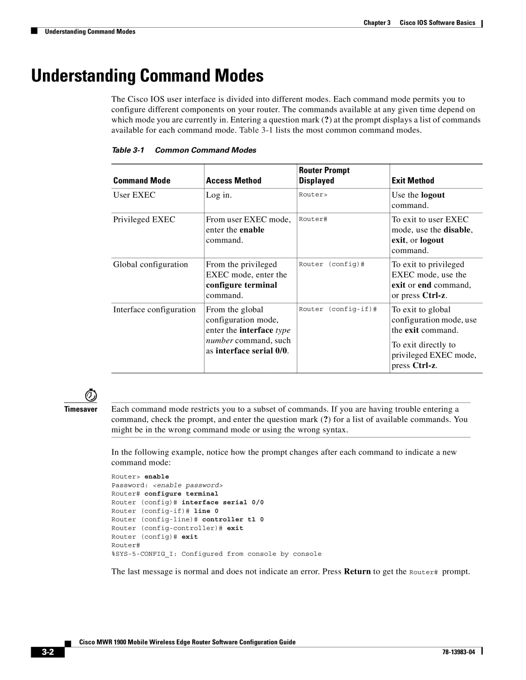 Cisco Systems 78-13983-04 manual Understanding Command Modes, Exit , or logout, Configure terminal, As interface serial 0/0 