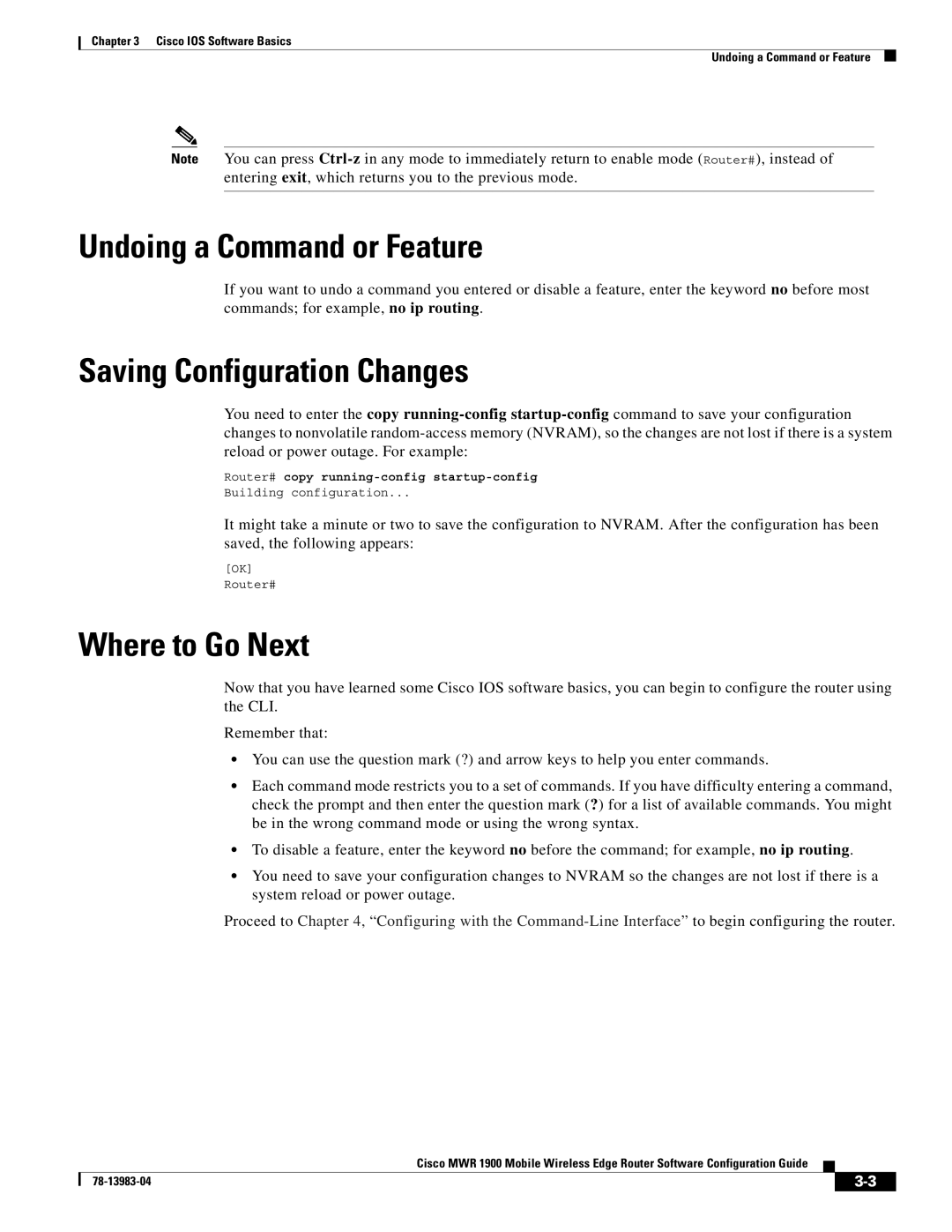 Cisco Systems 78-13983-04 manual Undoing a Command or Feature, Saving Configuration Changes 