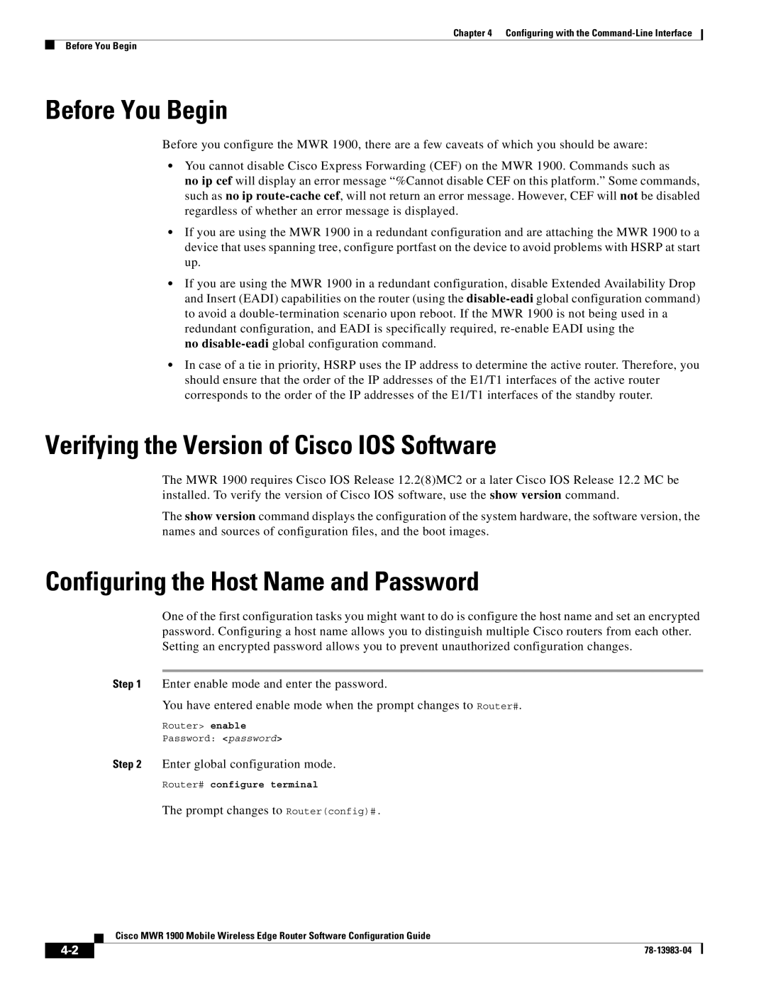 Cisco Systems 78-13983-04 manual Verifying the Version of Cisco IOS Software, Configuring the Host Name and Password 