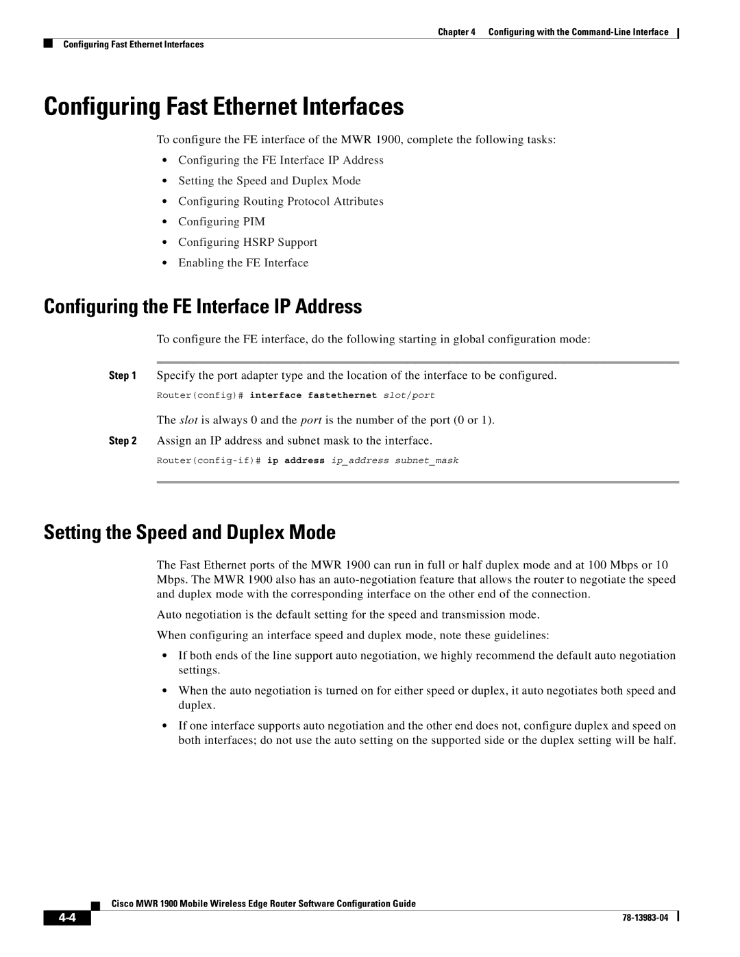 Cisco Systems 78-13983-04 manual Configuring Fast Ethernet Interfaces, Configuring the FE Interface IP Address 