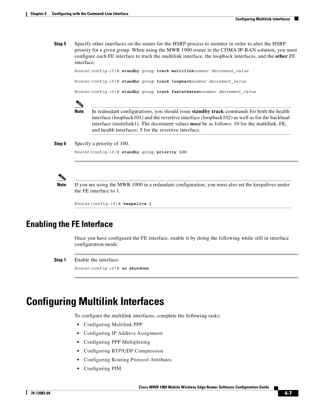 Cisco Systems 78-13983-04 manual Configuring Multilink Interfaces, Enabling the FE Interface, Specify a priority 