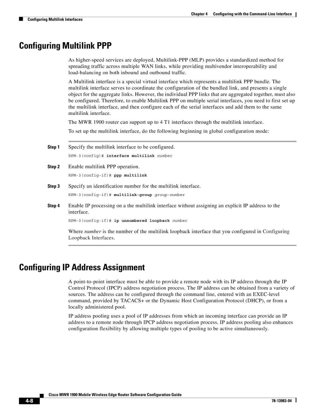 Cisco Systems 78-13983-04 Configuring Multilink PPP, Configuring IP Address Assignment, Enable multilink PPP operation 