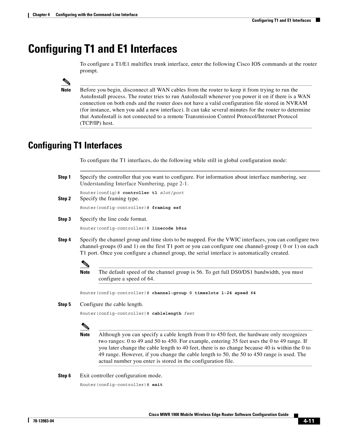 Cisco Systems 78-13983-04 manual Configuring T1 and E1 Interfaces, Configuring T1 Interfaces 