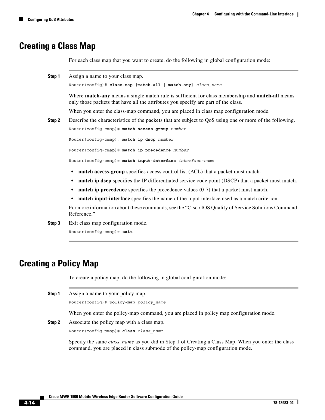 Cisco Systems 78-13983-04 manual Creating a Class Map, Creating a Policy Map 