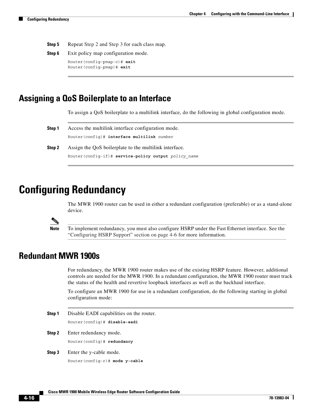 Cisco Systems 78-13983-04 manual Configuring Redundancy, Assigning a QoS Boilerplate to an Interface, Redundant MWR 1900s 