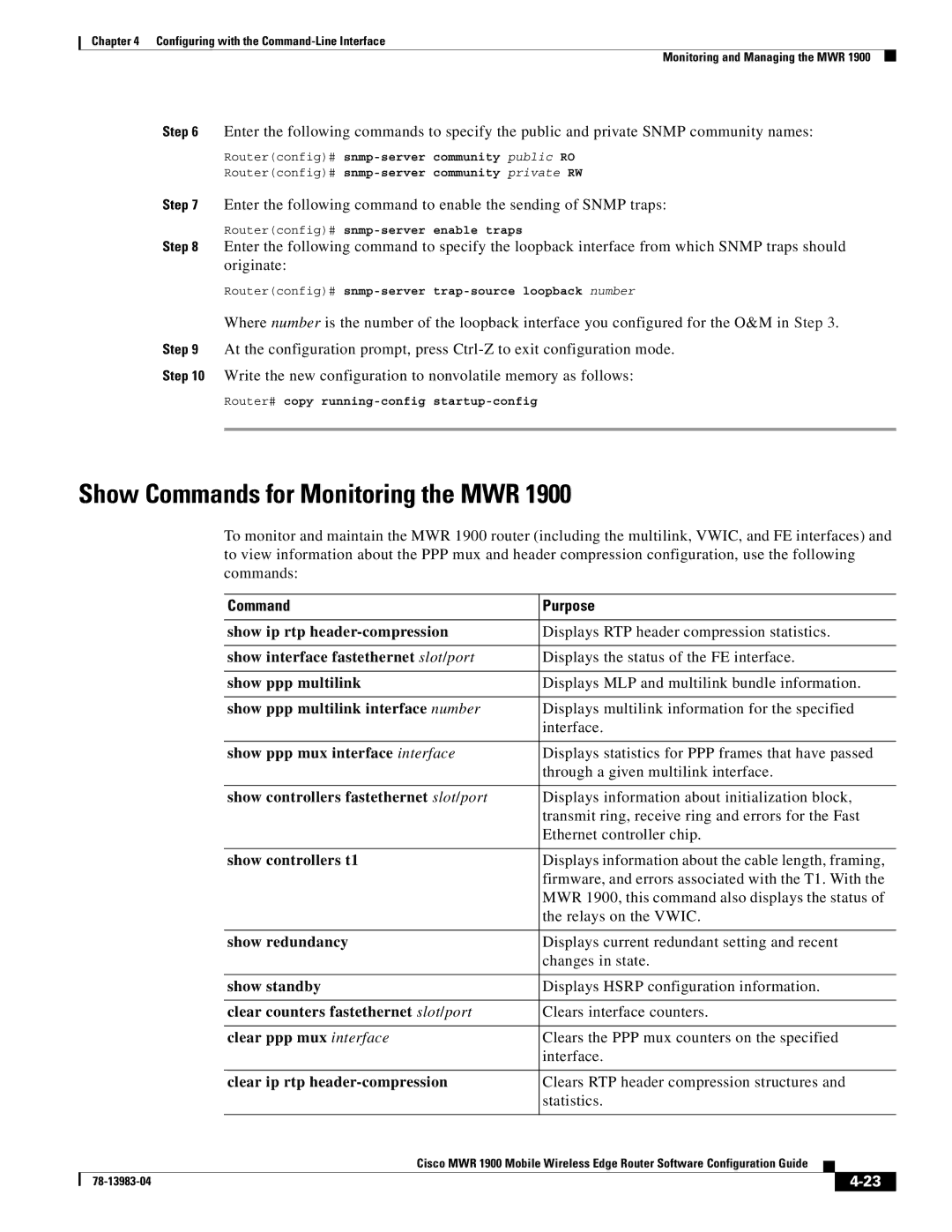 Cisco Systems 78-13983-04 manual Show Commands for Monitoring the MWR, Command Purpose 