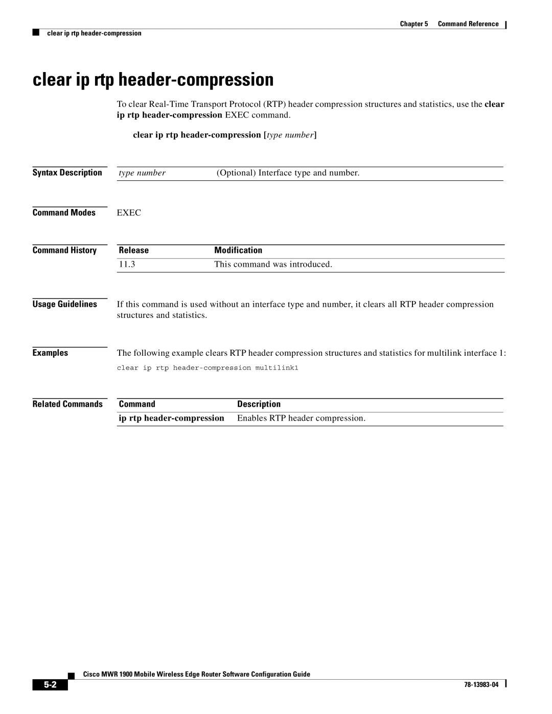 Cisco Systems 78-13983-04 manual Clear ip rtp header-compression 