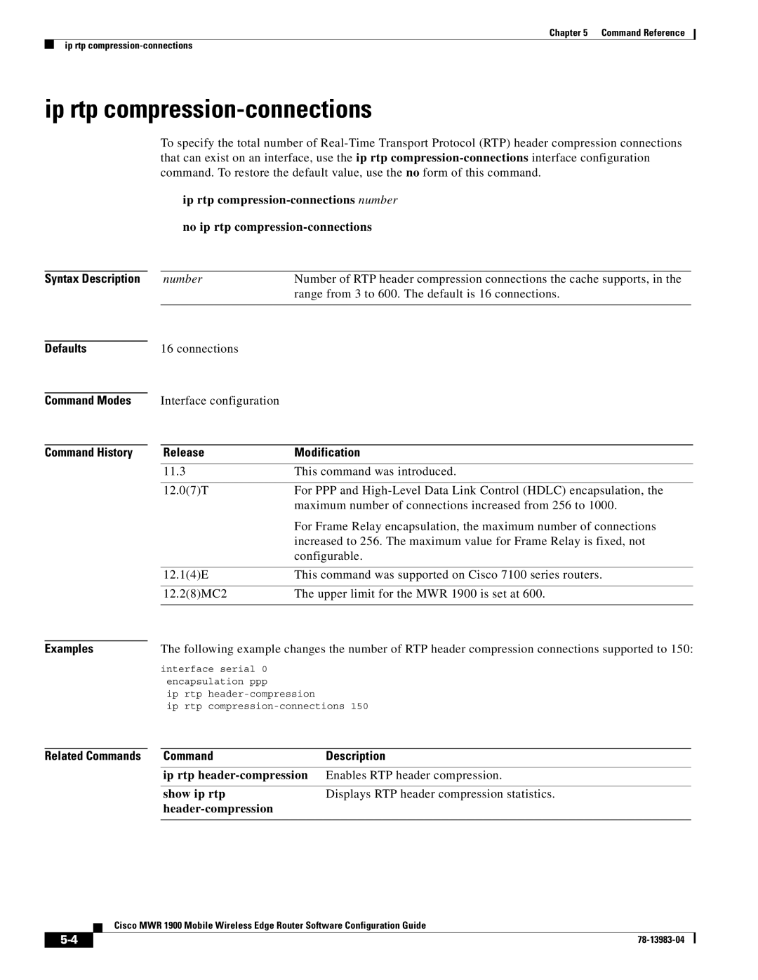 Cisco Systems 78-13983-04 Ip rtp compression-connections, Syntax Description Defaults Command Modes, Release Modification 