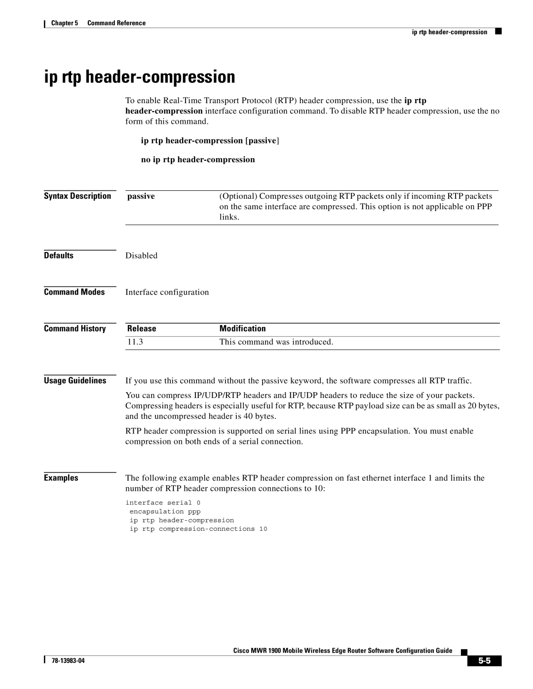 Cisco Systems 78-13983-04 Ip rtp header-compression, Syntax Description Defaults Command Modes Command History, Passive 