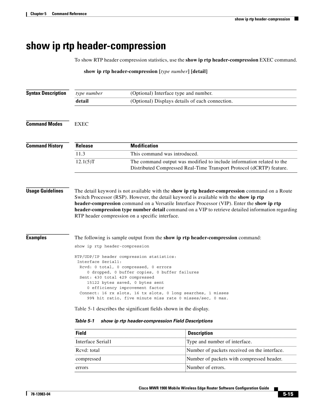 Cisco Systems 78-13983-04 manual Show ip rtp header-compression type number detail, Field Description 