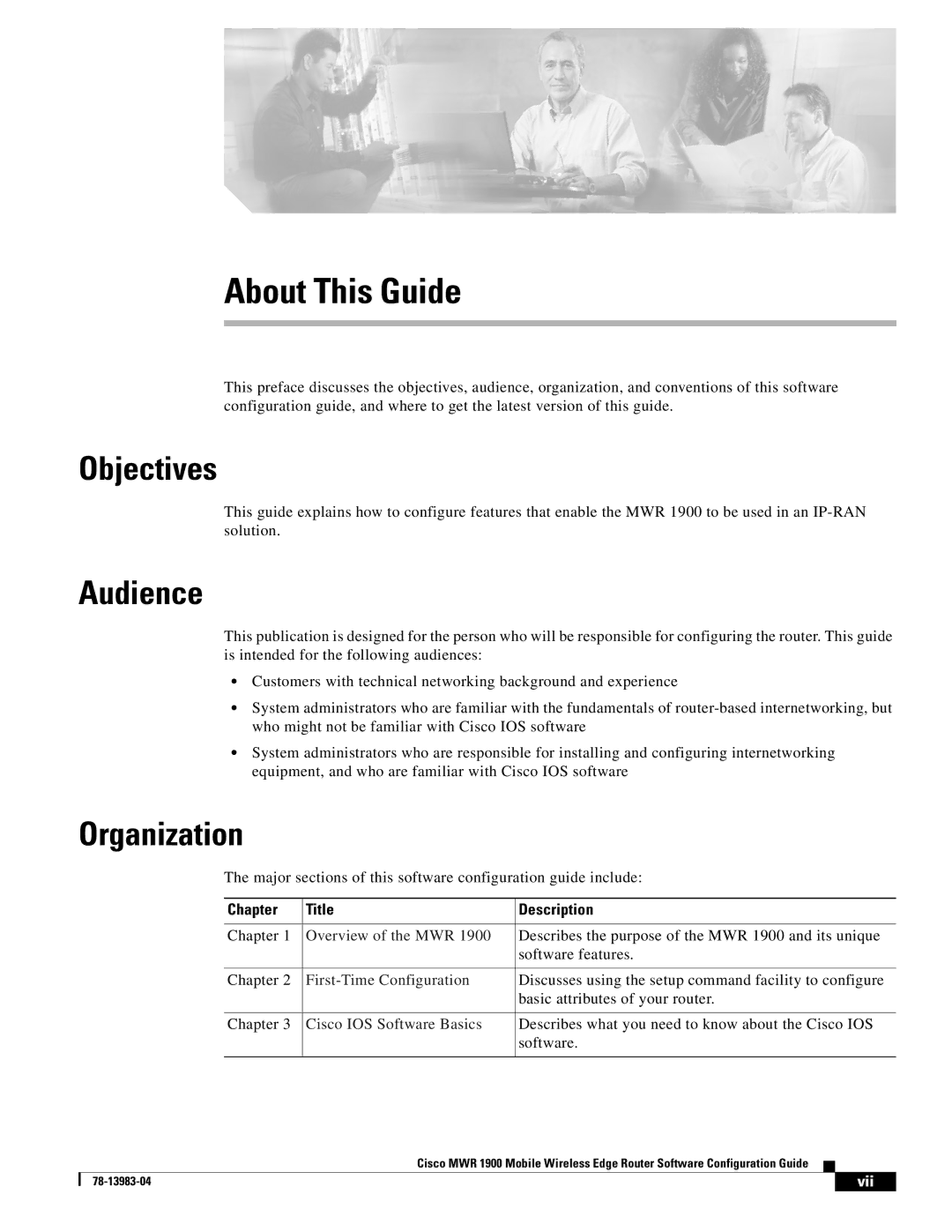 Cisco Systems 78-13983-04 manual Objectives, Audience, Organization, Chapter Title Description 