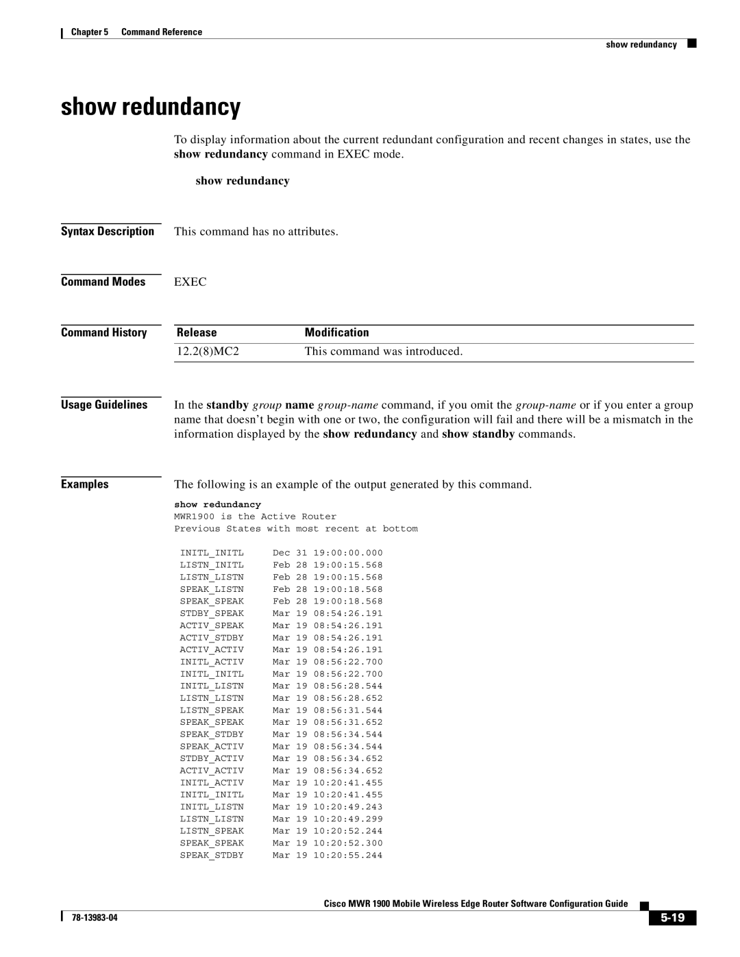 Cisco Systems 78-13983-04 manual Show redundancy, This command has no attributes 