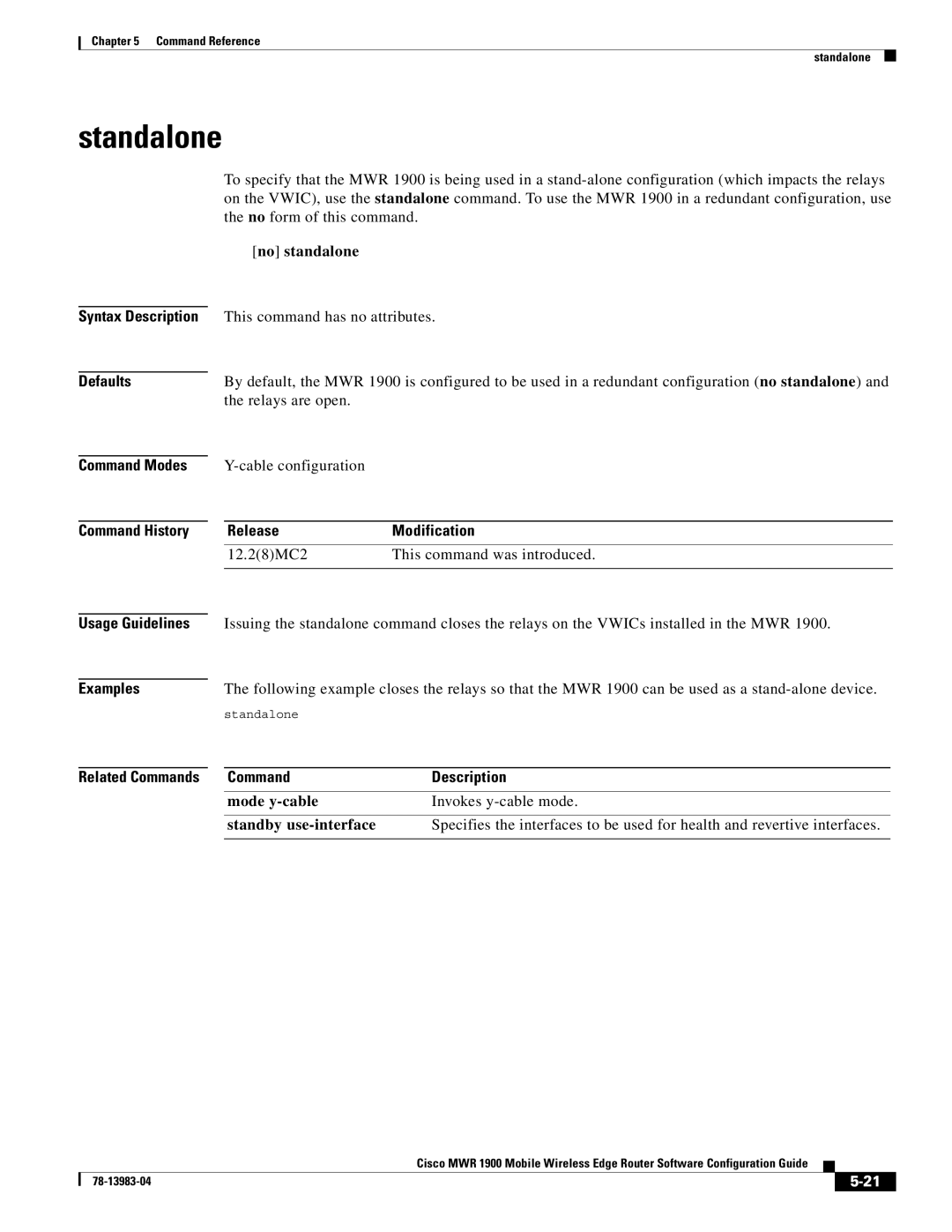 Cisco Systems 78-13983-04 manual Standalone, Syntax Description Defaults, No standalone, Cable configuration 